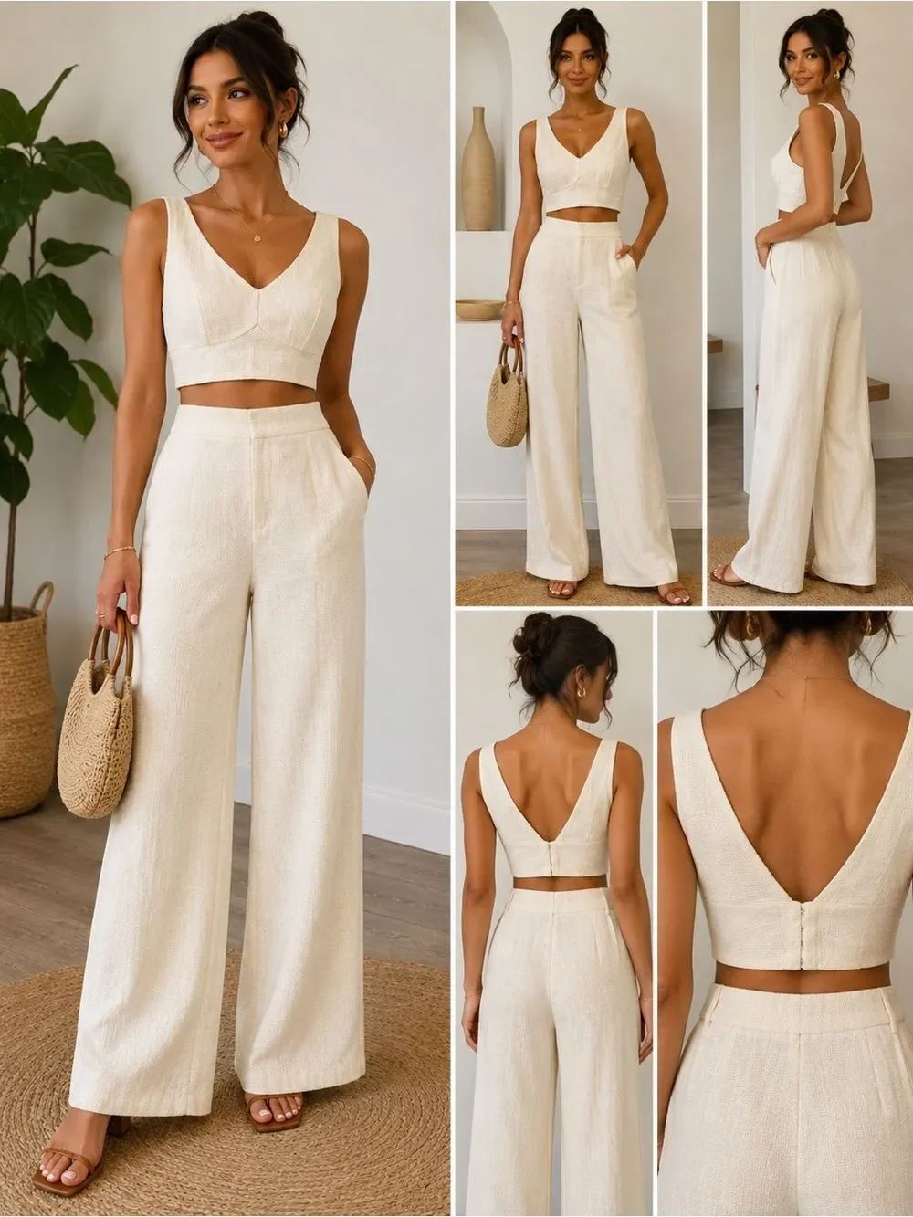 SHEIN Women’s 2-Piece Cream Textured Crop Top & Wide Leg Pant Set – Size 6